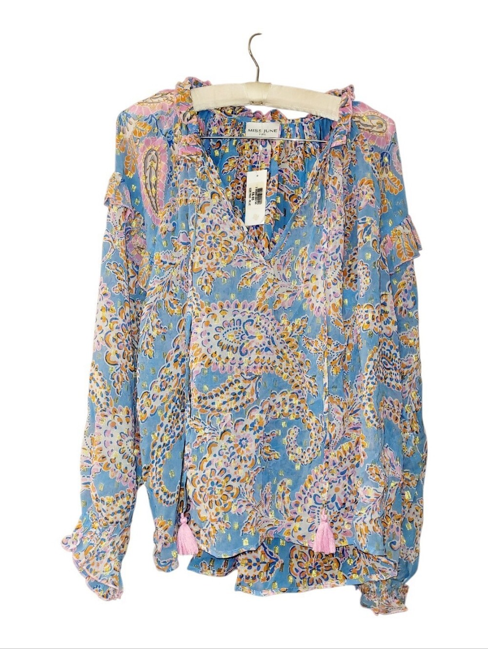 NWT Miss June Paris Renata Blouse Blue Boho With Gold Shimmer Peasant Free Size
